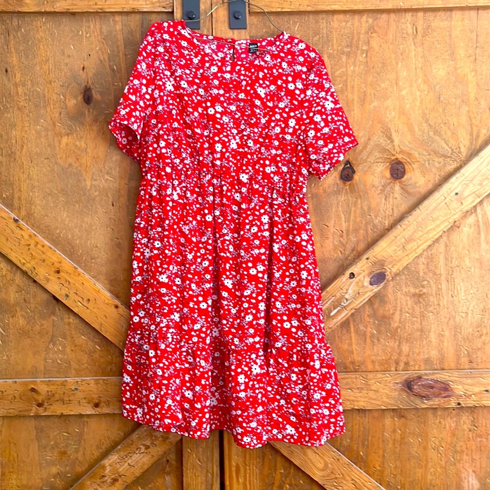 Bump friendly red floral dress